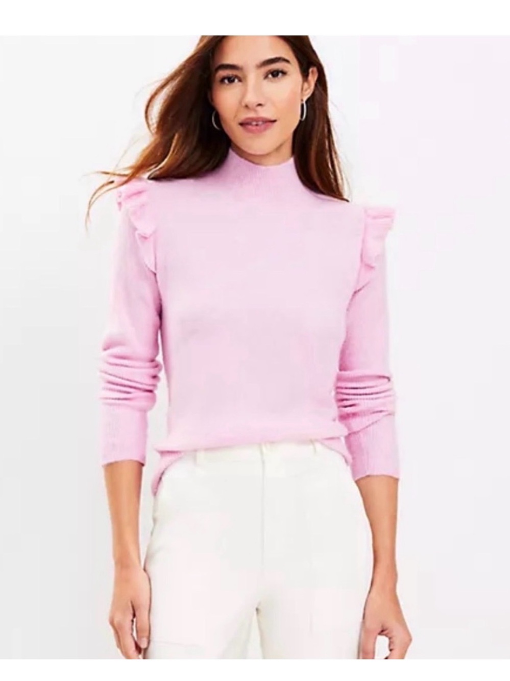 LOFT Women's Pink Ruffle Shoulder Mock Neck Sweater SIZE SMALL